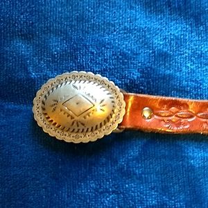 Leather Western-Style Belt with Decorative Oval Concho - Brown